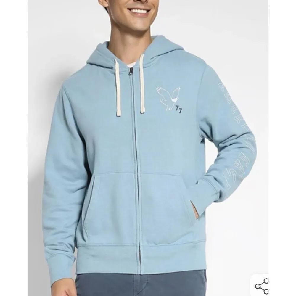 American Eagle NWOT Blue relaxed Fit Printed Hooded Sweatshirt zip Sz M